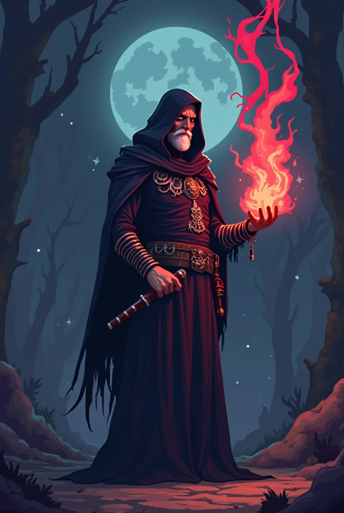 Make a simple pixel art of a man that has dark power using tarot deck as a weapon in a 2D video game 