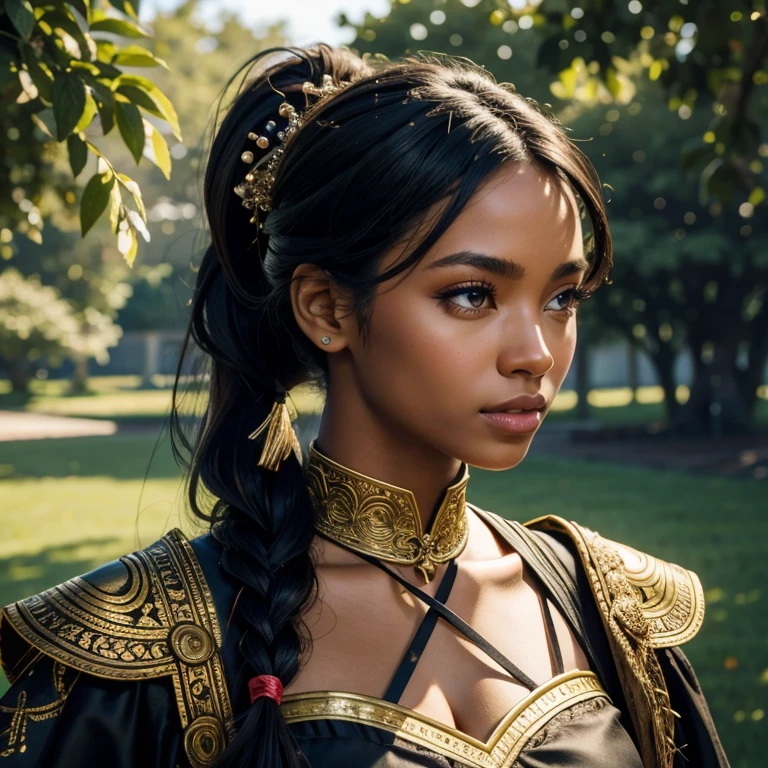 (masterpiece, best quality:1.5), highest quality, High resolution, super detailed, Realists, Upper body photo of a black female archer, black skin, detailed and beautiful eyes, beautiful detailed lips, very detailed eyes and face, longeyelashes, Archer in a dress made of black shiny satin, Simple details in the fabric. Beautiful and colorful makeup, ponytail hairstyle, Gardens as background, bright daylight, bright colors, fine brushstrokes, Portrait style, beautiful color palette, glowing skin, First-class rendering, that captures every detail, enchanting atmosphere, (perfect anatomy:1.2), (The stunning archer holds a bow. (magnificent panorama view:1.2)