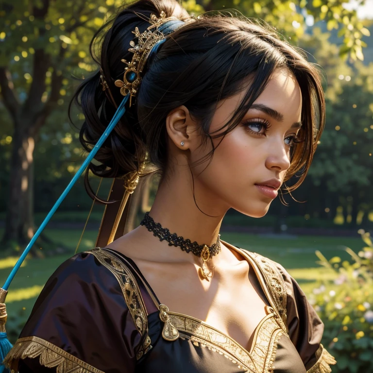(masterpiece, best quality:1.5), highest quality, High resolution, super detailed, Realists, Upper body photo of a black female archer, black skin, detailed and beautiful eyes, beautiful detailed lips, very detailed eyes and face, longeyelashes, Archer in a dress made of black shiny satin, Simple details in the fabric. Beautiful and colorful makeup, ponytail hairstyle, Gardens as background, bright daylight, bright colors, fine brushstrokes, Portrait style, beautiful color palette, glowing skin, First-class rendering, that captures every detail, enchanting atmosphere, (perfect anatomy:1.2), (The stunning archer holds a bow. (magnificent panorama view:1.2)
