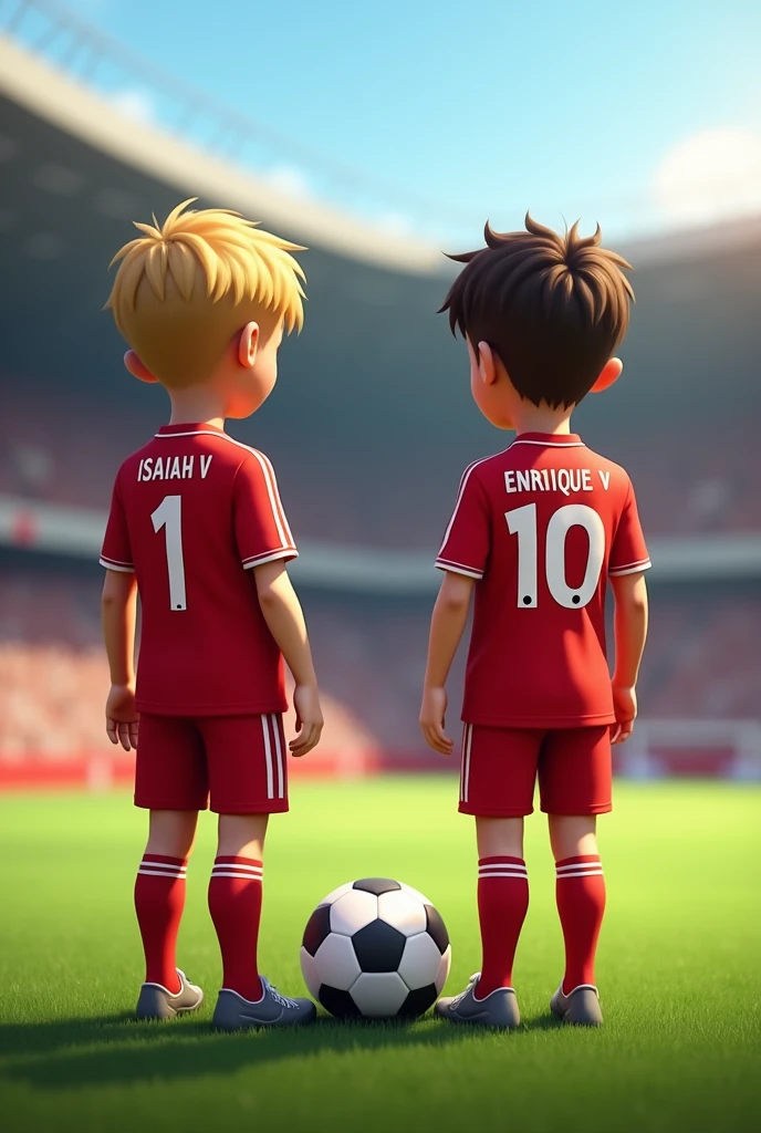 two brothers, one is 11 years old and the other 12, They are standing in the middle of a soccer field, one is a goalkeeper and the other a forward, both wear the uniform of the Liverpool club from England.
One is white skin, short straight hair, He has a soccer goalkeeper's uniform with the number 1 on his back and it says ISAIAH V.
The other is light brown skin with straight hair., He has a football uniform with the number 10 on the back and says ENRIQUE V.
They both have the same height.
There's a ball in the middle of it