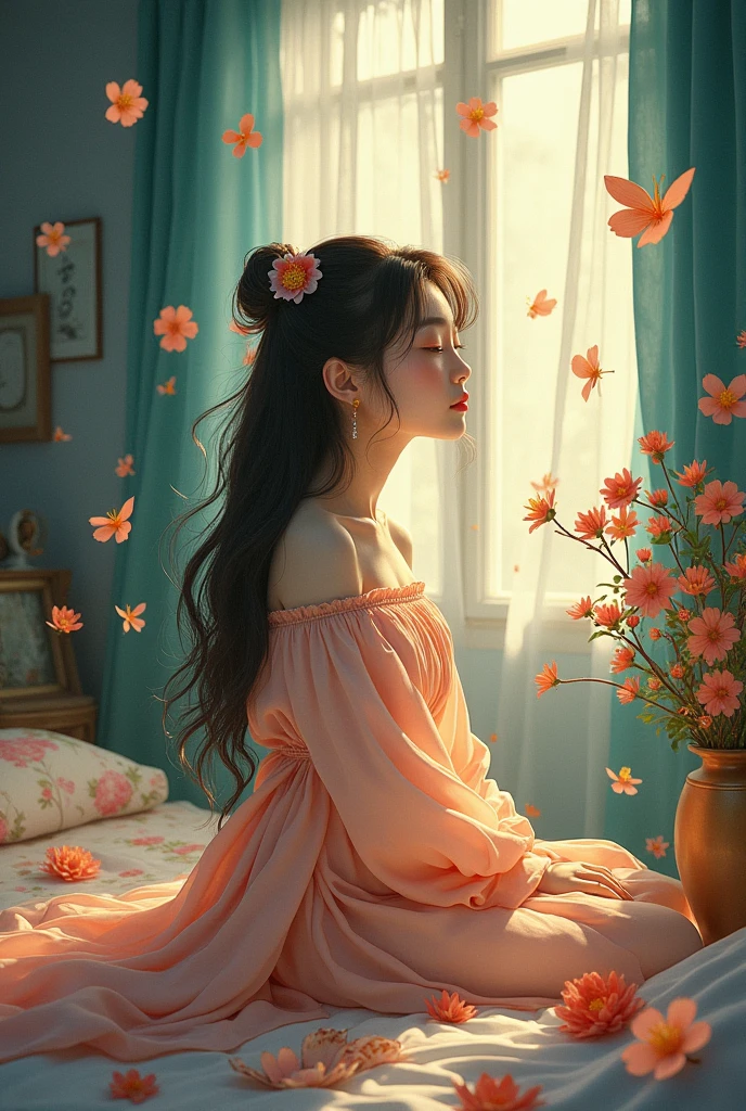 Mei-Ling secretly wished, I wish I could fly with the flowers, escape the silence and loneliness in this room