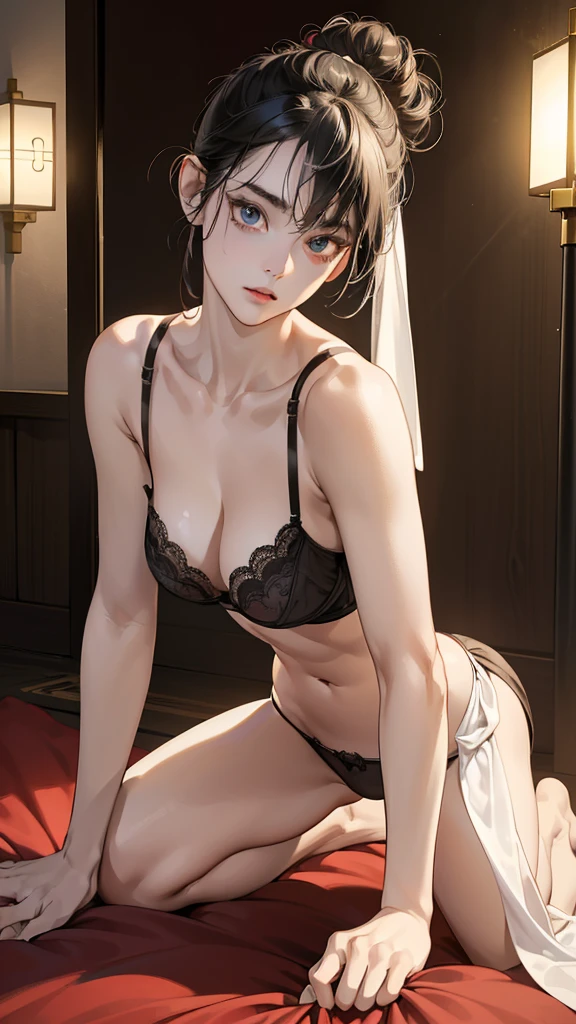 (perfect anatomy:1.2)(absurdres, highres, ultra detailed),masterpiece,best quality,high resolution,8k,Realistic face,Realistic skin texture,magnified textures, stunning clarity,(ultra detailed eyes and face),(1 girl:1.5),,black hair,messy bun,pale skin, mysterious eyes,,thin body type,big breasts,small ass, (black satin bra:1.4),(white fundoshi:1.4),(expressionless:1.1)(basuful:1.2)Steampunk in the meiji Period、night、luxuary room of Japanese Ryokan、hieroglyph,Ancient Egyptian statues,look at viewer,(on all fours:1.2),Delicate atmosphere、,cowboy shot,(from back )
