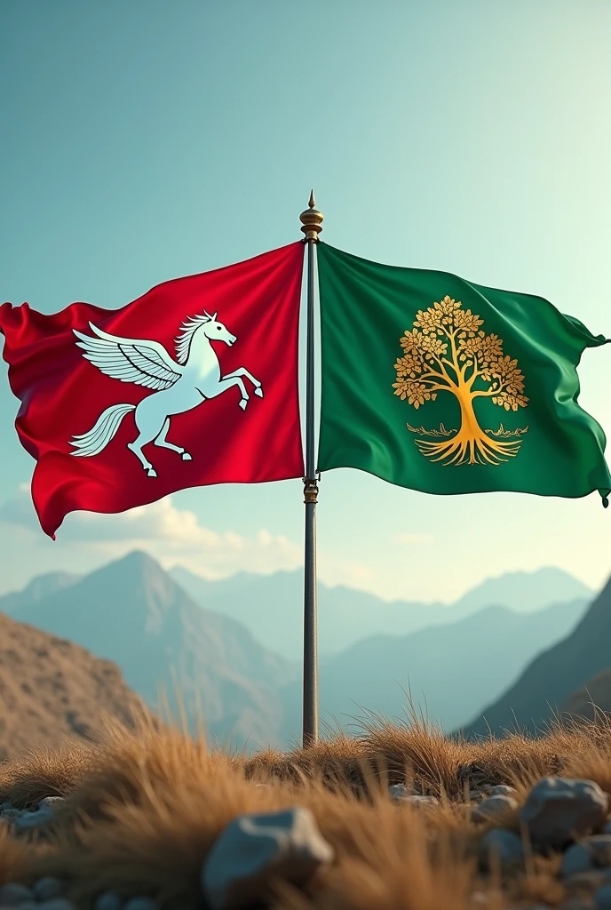 Two flags waving on opposite sides, a red one with a white pegasus and a green one with a golden tree