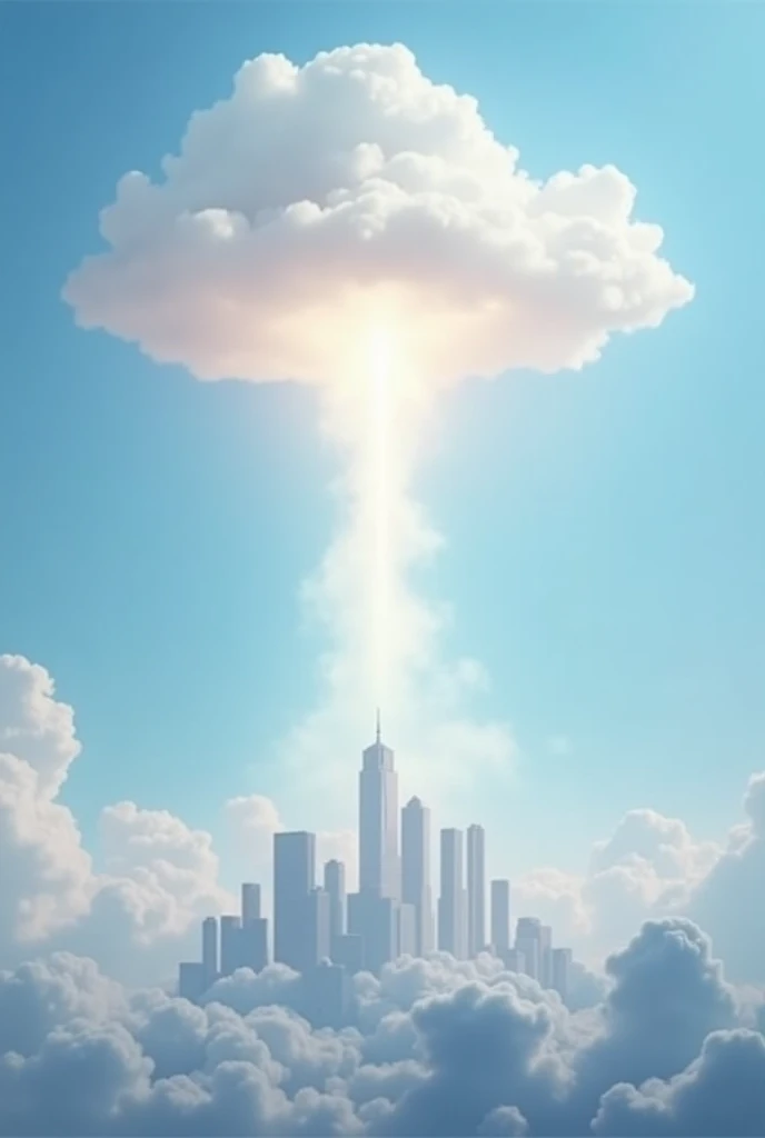 Prophetic cloud descending from the sky towards a city, within a light blue background with pastel colors