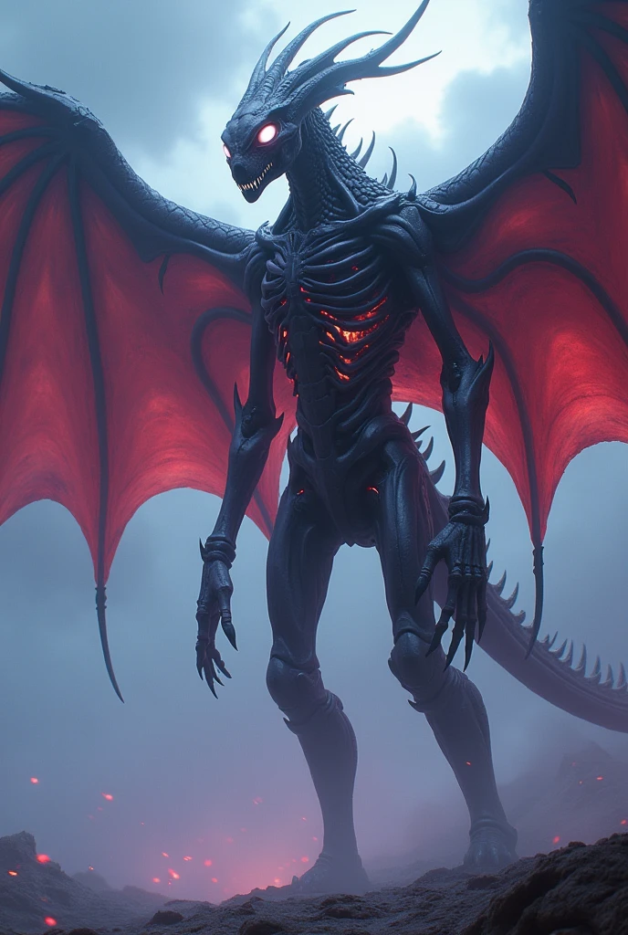 body has a vaguely draconic shape and a skeletal appearance, and is largely dark violet with red highlights.
The body in general, looks a lot like the Xenomorph Queen, but as if she infected a dragon and formed a Xenomorph Queen Dragon He has no skin, and its inner part glows in a reddish-scarlet purple color It floats in the sky, He is 100 meters tall and has huge wings without membranes But he still looks like a Xenomorph Queen With white illuminated and empty eyes