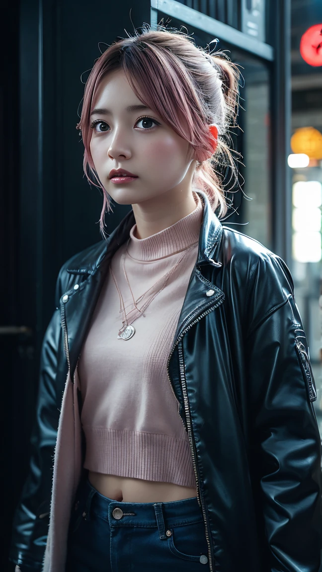 (masterpiece), Japanese cartoons, (photo_(Moderate):1.0), author Antonio J. Manzanedo, author：Jeremy Lipking, 1 Girl, lightning, In a surreal landscape, Watercolor style, Brushstrokes, Unbutton, Orange Eyes, Ponytail, Pink Hair, Cyberpunk, Japanese clothes