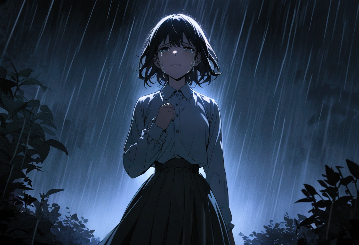 (Highly detailed CG Unity 8k wallpaper), Outdoor Garden,Beautiful young woman in the rain, Crying and screaming quietly,skirt, full_body, dramatic, バックLight, Light, Volumetric Lighting, Delicate face, Simple Background