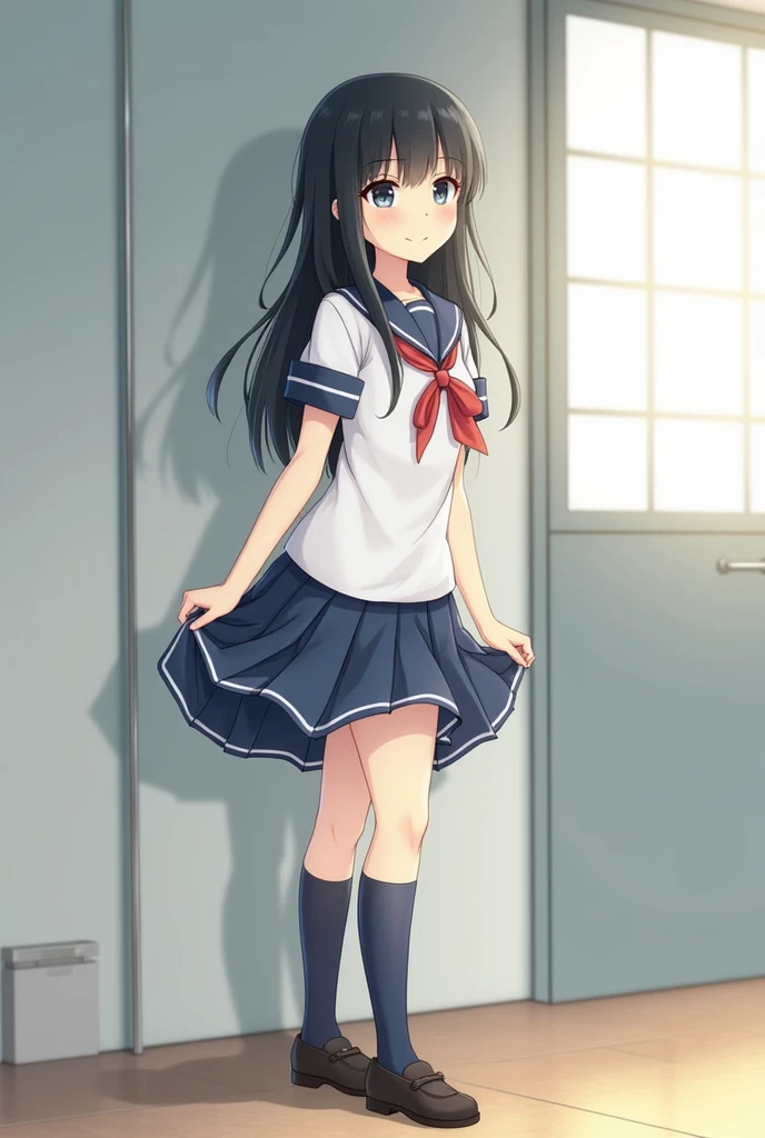 Japanese schoolgirl with her skirt pulled up to reveal her underwear、Black Hair、Long Hair、Navy blue socks、loafers、photo