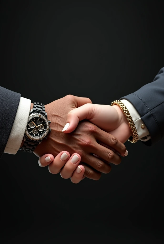 Two hands shaking each other, one veiny male hand with flashy watch and the other female hand with gold bracelet and pretty nails, realistic and bottomless
