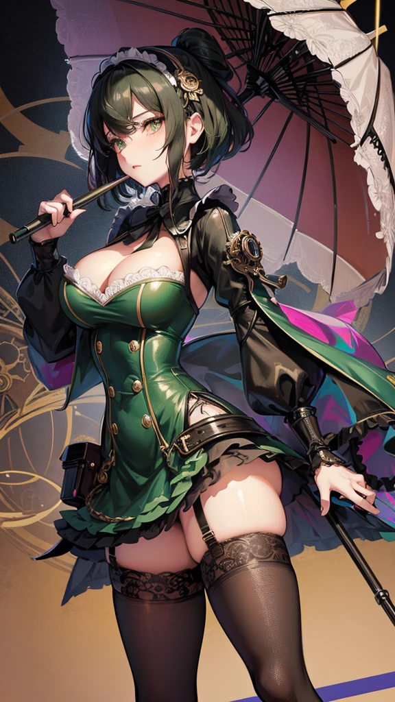 1 girl, anime, high quality, intricate details, black hair, fluffy hair, short hair, elegant, futuristic setting, maid dress, stockings, green streaks in hair, steampunk accessories, stoic expression, lacy umbrella, curvy build, lacy gloves