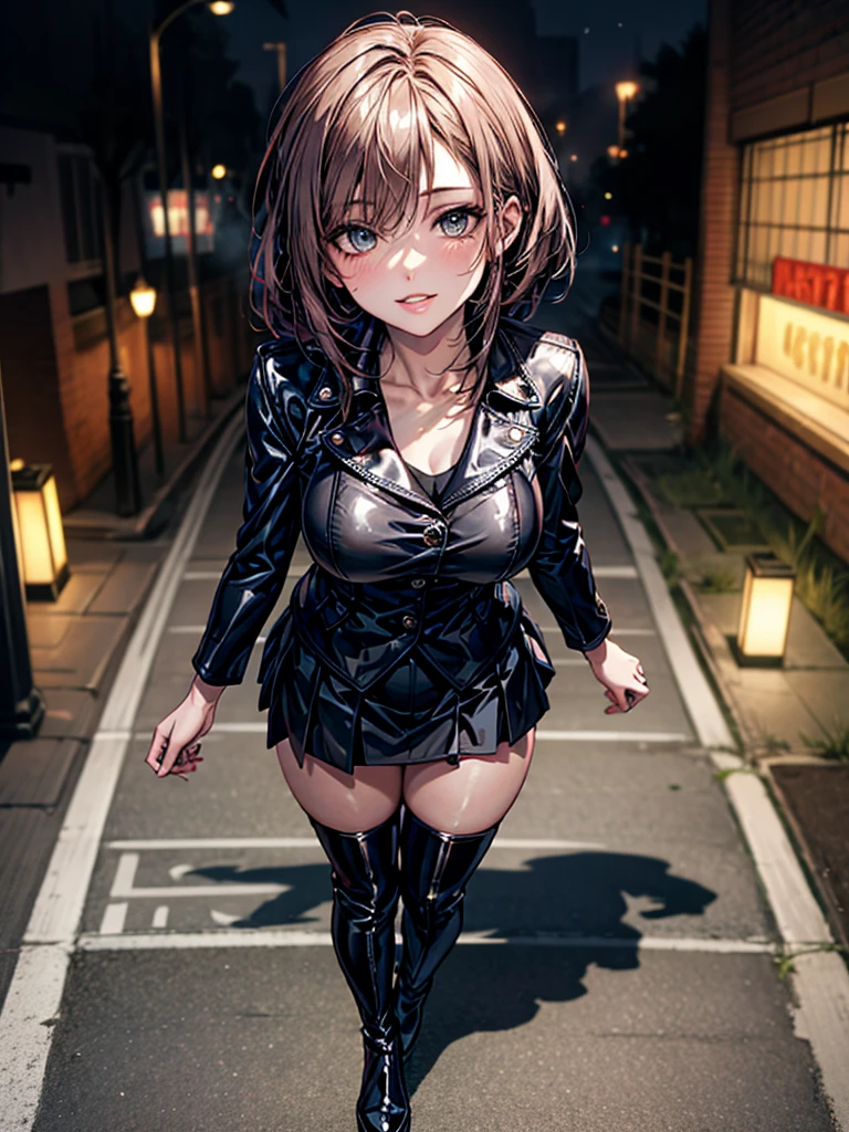 (Biologically correct limb count), Full body, including face, 4K, Masterpiece, Focus on the face, Well-proportioned facial features, (Detailed eye depiction, Highest quality, 8k:1.2) ,One beautiful woman, (Latex shirt, Black jacket, Black tight skirt), (Grin), looking at the camera, walking, (Thigh-high boots), (Thick fog all around, Street lights in the morning mist), Short hair with vertical curls