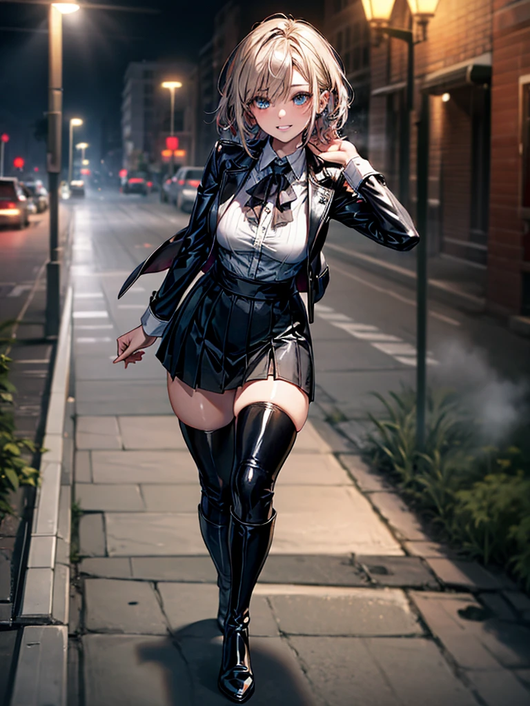(Biologically correct limb count), Full body, including face, 4K, Masterpiece, Focus on the face, Well-proportioned facial features, (Detailed eye depiction, Highest quality, 8k:1.2) ,One beautiful woman, (Latex shirt, Black jacket, Black tight skirt), (Grin), looking at the camera, walking, (Thigh-high boots), (Thick fog all around, Street lights in the morning mist), Short hair with vertical curls