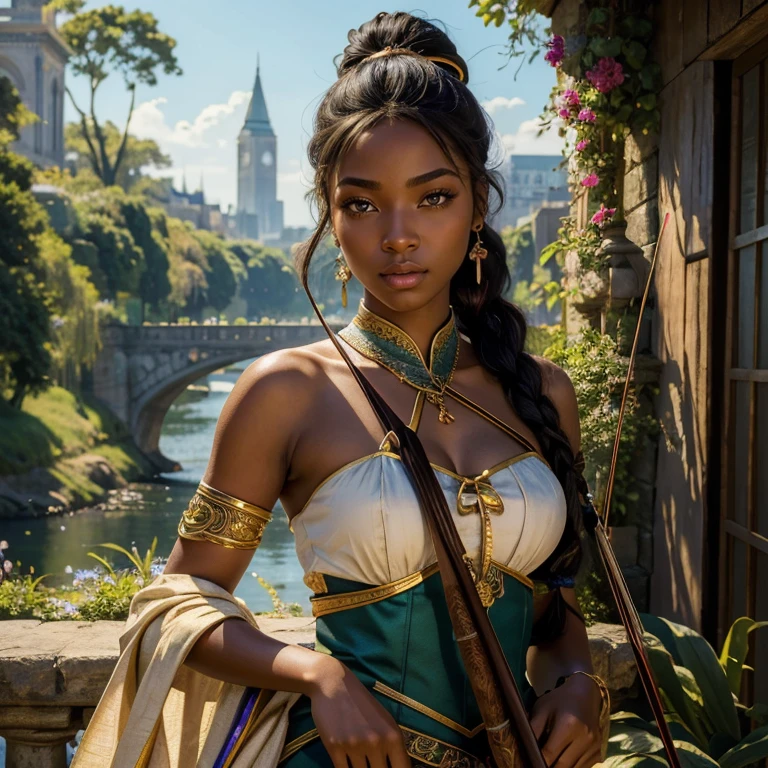 (​masterpiece, best quality:1.5), highest quality, High resolution, super detailed, Realists, Upper body photo of a black female archer, black skin, detailed and beautiful eyes, beautiful detailed lips, very detailed eyes and face, longeyelashes, Archer in shiny satin dress, Simple details in the fabric. Beautiful and colorful makeup, ponytail hairstyle, Gardens as background, bright daylight, bright colors, fine brushstrokes, Portrait style, beautiful color palette, glowing skin, First-class rendering, that captures every detail, enchanting atmosphere, (perfect anatomy:1.2), (The stunning archer holds a bow.  (magnificent panorama view:1.2)