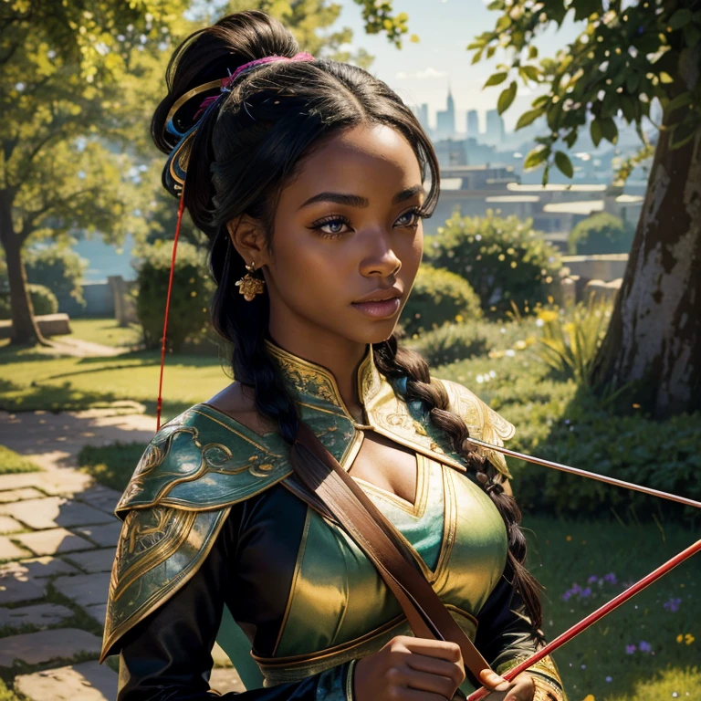 (​masterpiece, best quality:1.5), highest quality, High resolution, super detailed, Realists, Upper body photo of a black female archer, black skin, detailed and beautiful eyes, beautiful detailed lips, very detailed eyes and face, longeyelashes, Archer in shiny satin dress, Simple details in the fabric. Beautiful and colorful makeup, ponytail hairstyle, Gardens as background, bright daylight, bright colors, fine brushstrokes, Portrait style, beautiful color palette, glowing skin, First-class rendering, that captures every detail, enchanting atmosphere, (perfect anatomy:1.2), (The stunning archer holds a bow.  (magnificent panorama view:1.2)