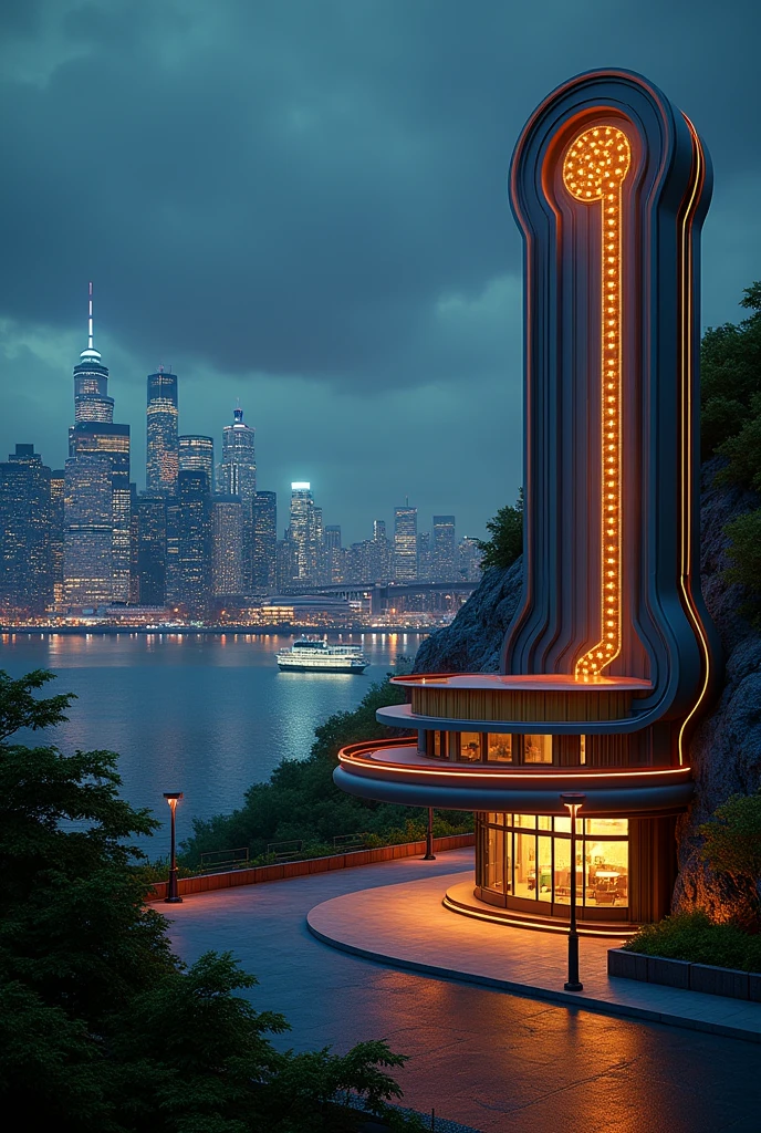 Seattle, city view ,art deco design,streamline moderne,futuristic architecture, Abstraction,modern style,Luxury and Luxury,Future night view,Futuristic decorative elements,Metallic,number line,sci-fi lamp,Virtual Engine,Unreal rendering, neon lights, greenery,