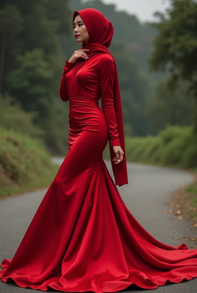 Asian woman in red satin long gown, wear modern hijab, mermaid-style, fabric clings tightly, immobile, full-body encapsulation, entirety of fabric about 7 meters in length trailing dramatically, overlong satin train, extreme detail on the texture of the satin, highlighting its reflective quality, cinched at the ankle, sexy random pose outdoor, dramatic lighting, ultra realistic, high-resolution photography.