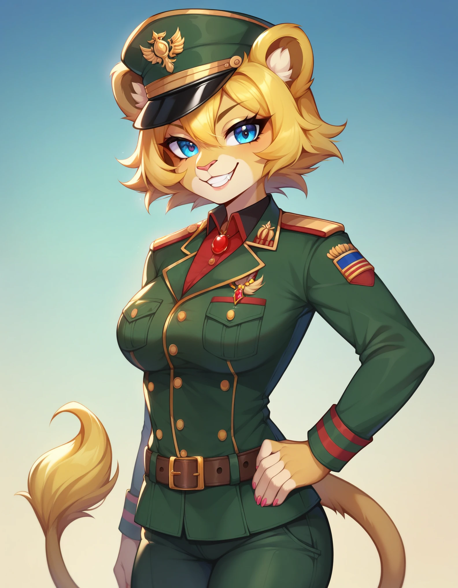 score_9,score_8_up,score_7_up, young, ****, lion girl, lion tail, yellow hair, Tanya Degurechaff, blue eyes, looking at viewer, smile, 1girl, lion ears, furry female, military hat, military uniform,red pendant, belt,pants,evil smile, military base, clear sky, looking at viewer, solo, anthro, cheek tuft, facial tuft, uperbody, evil smile,