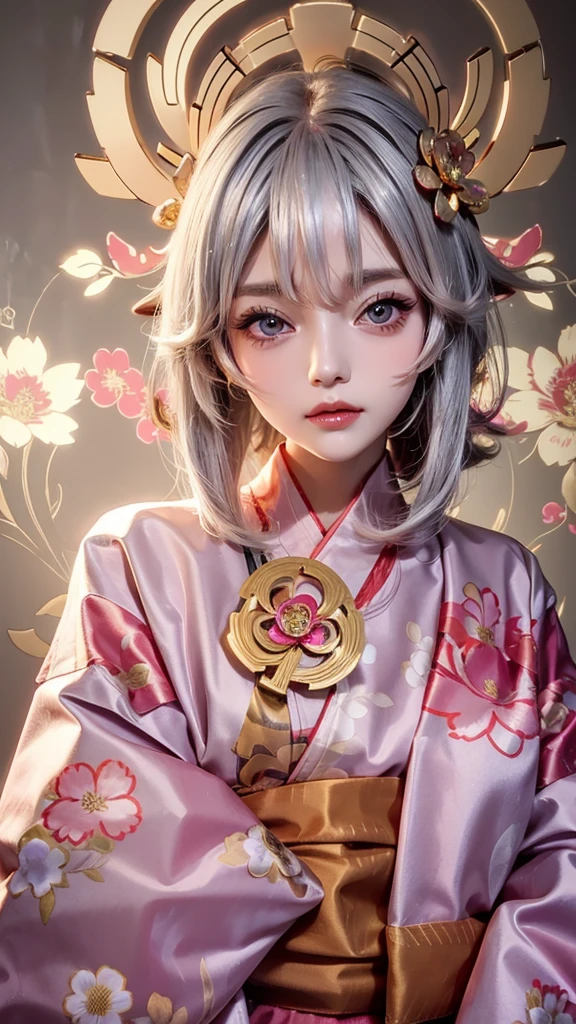 Cute Woman Japanese style Golden kimono Bob Hair Silver Hair Gorgeous large flower hair ornament Golden halo Big eyes Pink floral luxury background