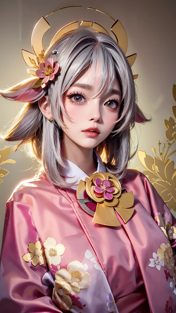 Cute Woman Japanese style Golden kimono Bob Hair Silver Hair Gorgeous large flower hair ornament Golden halo Big eyes Pink floral luxury background