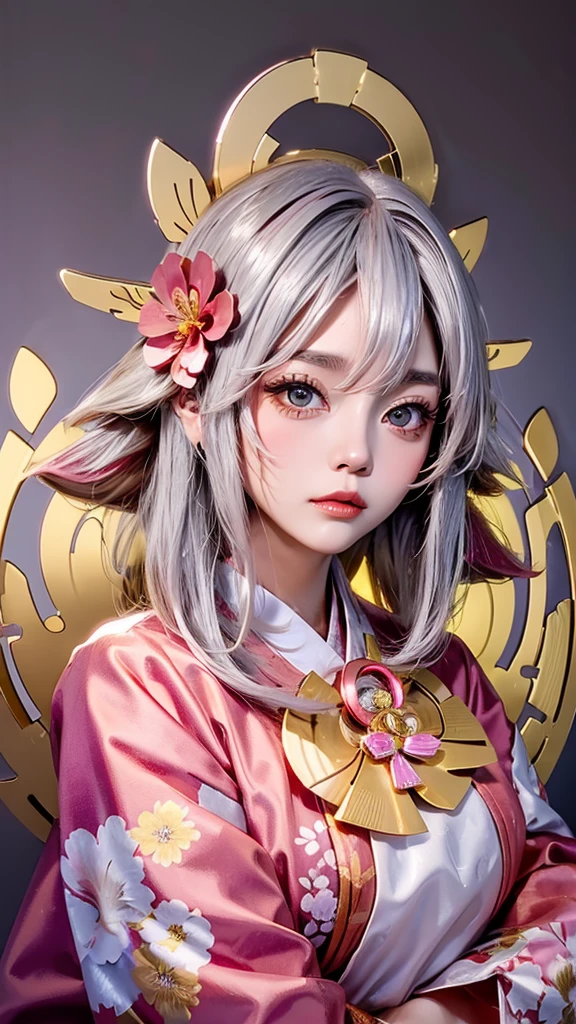 Cute Woman　Japanese style　Golden kimono　Bob Hair　Silver Hair　Gorgeous large flower hair ornament　Golden halo　Big eyes　Pink floral luxury background
