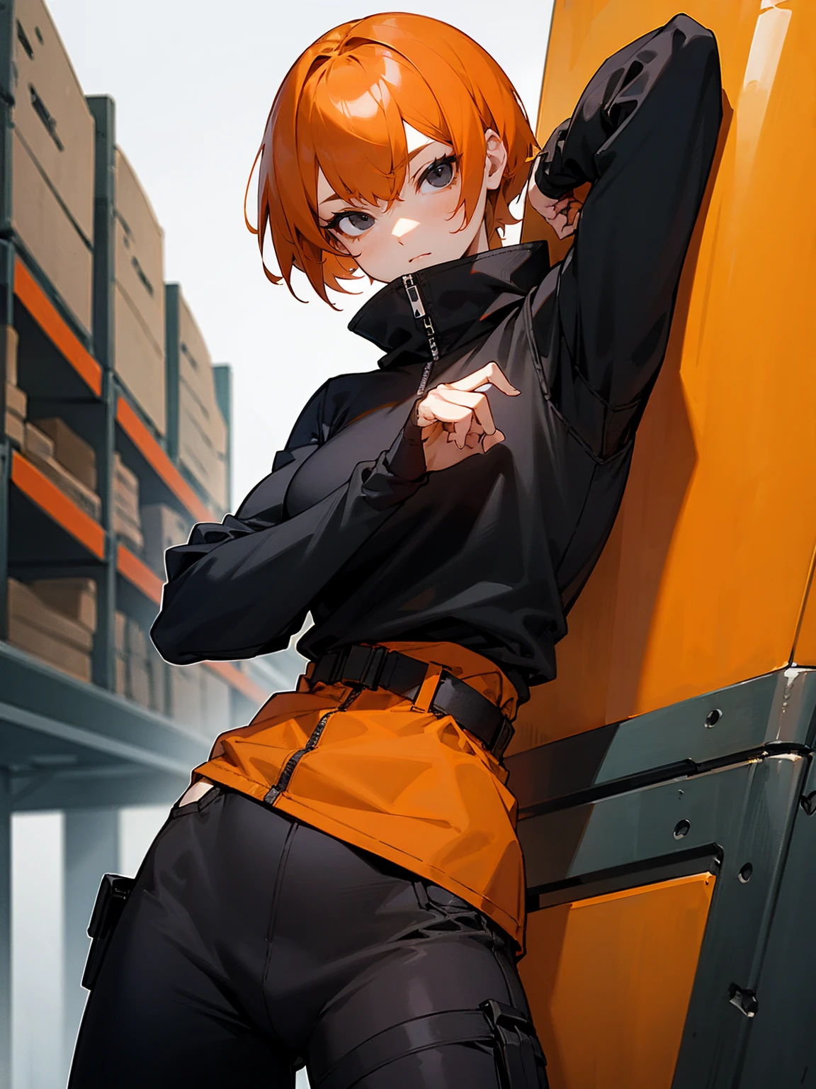 1female, black eyes, orange hair, short hair, black skull sweatshirt, lean build, black military pants, arm wrappings, warehouse