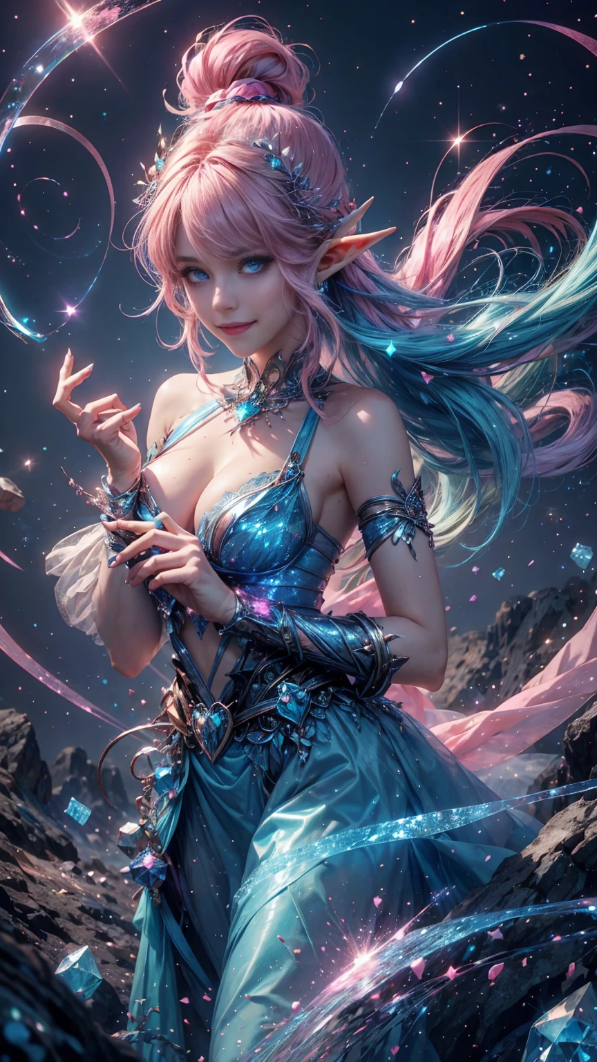 from above, high view shot, in the heart of a fantasy elf world, a young sexy elf woman with a pink style haircut, luminicent hair, elf ears, sexy elf clothes, blue and pink magic aura, smile. In a blue and pink enchanted forest, with cursed trees marked with elfic symbols, elfic tattoos, sensual pose, hands holding a blue crystal stone, magic dust, creates an atmosphere of elfic magic and cursed magic, energy and neon lights, neon blue , neon pink. good quality eyes, cyan eyes, ultra detailed, blue and pink magic light effects, masterpiece, 4k, raytracing, medium body, close-up, high view, particles and hard blue-pink neon lights, focus on blue and pink color