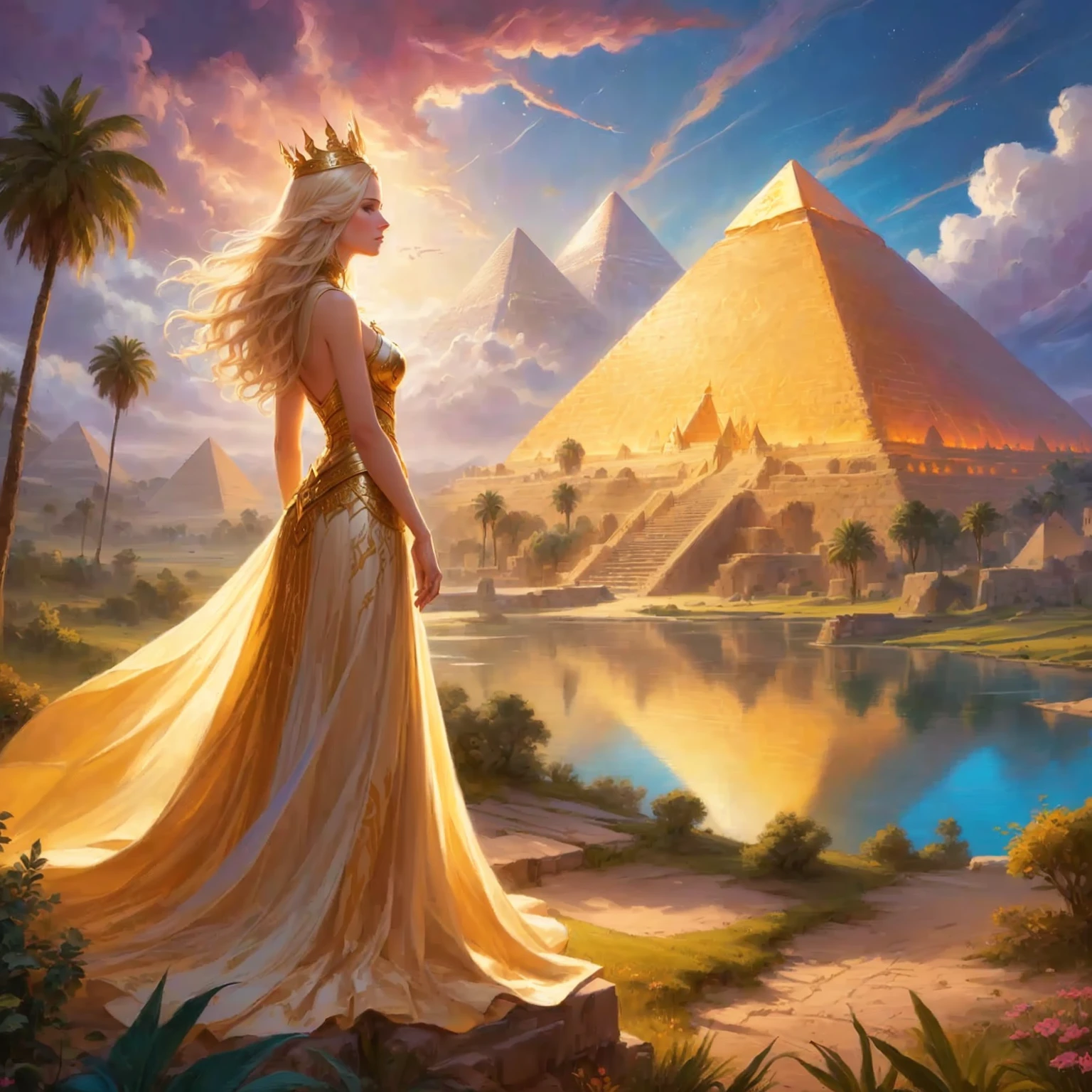 A woman in a long dress stands in front of a pyramid., Fantasy Card Game Art, Fantasy Card Game Artที่ยิ่งใหญ่, by Kerembeyit, Amazing fantasy art, epic Fantasy Card Game Art, Legend of the Goddess of the Earth, Goddess of Travel, beautiful fantasy art, Egyptian Princess, Graphic artist Magali Villeneuve, By Johfra Bosschart, very beautiful fantasy art