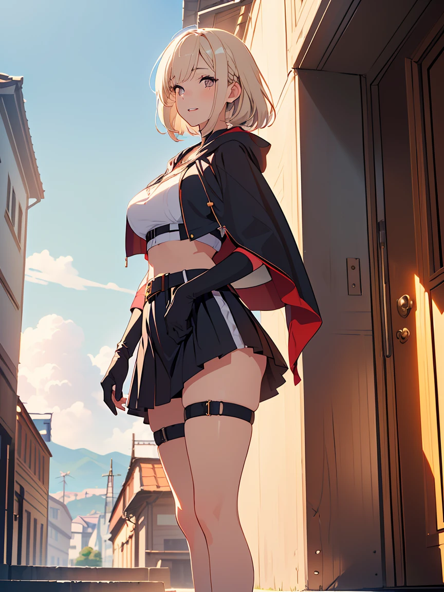 top-quality、Top image quality、masterpiece、girl with((18year old、Black short skirt、Best naked Bust with nipples、naked Bust 90、Blonde Away Tail、Red Eyes、open chest wide、Valley、Happiness、A slender、ssmile、Red Face Paint、Black scarf、Reflecting the whole body、claw pose、))hiquality、Beautiful Art、Background with((nightcity))、masutepiece、Elaborate design、visualart、