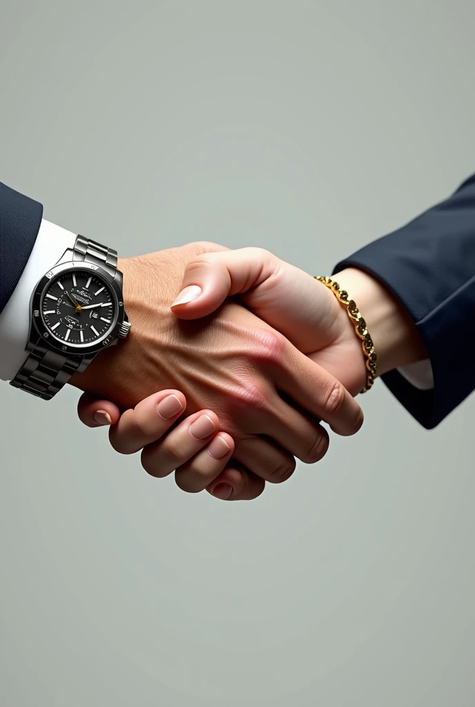 Two hands shaking each other, one veiny male hand with flashy watch and the other female hand with gold bracelet and pretty nails, realistic and bottomless