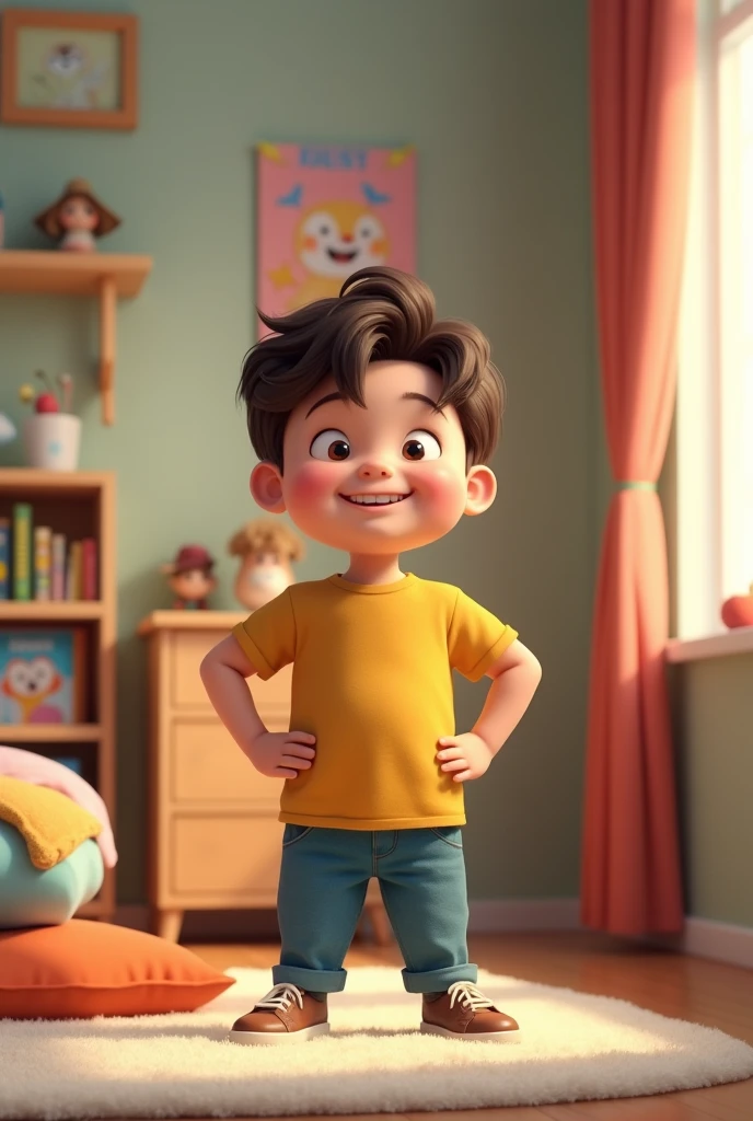 Timmy Proudly Standing in Room: "A boy standing with his hands on his hips, smiling proudly in his clean and organized room."