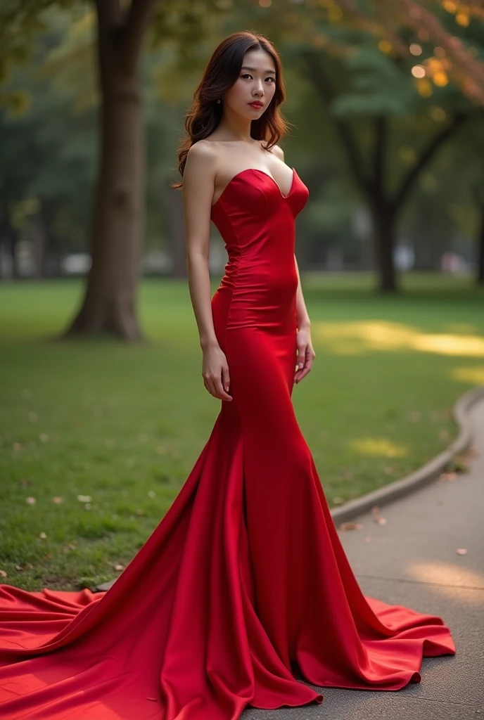 Asian woman in red satin gown, mermaid-style, fabric clings tightly, immobile, full-body encapsulation, entirety of fabric about 7 meters in length trailing dramatically, overlong satin train, extreme detail on the texture of the satin, highlighting its reflective quality, cinched at the ankle, sexy pose, in thame park, dramatic lighting, ultra realistic, high-resolution photography.