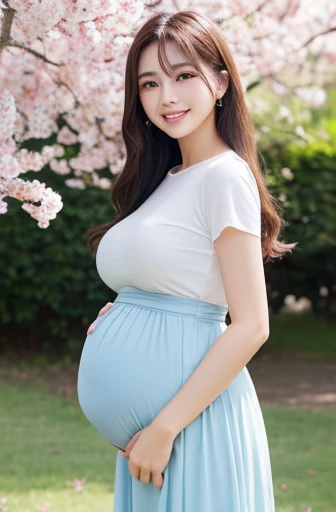 (highest quality、masterpiece、8k、best image quality、hyper realism、Award-winning work)、1 pregnant woman、(独奏:1.1)、(1 photo:1.1)、(Height: 140cm:1.1)、(low length:1.1)、(Lolita:1.1)、(Feminine and girly cute accessories:1.1)、(フェミニンでガーリーな可愛いLolita少女:1.1)、(Elegant pastel light blue T-shirt:1.1)、(Pastel light pink berry long flare skirt:1.1)、(late pregnancy:1.2)、Standing gracefully、(Random beautiful nature scenery background:1.1)、(Spectacular and mysterious scenery:1.1)、(beautiful clear sky:1.1)、(beautiful thunder clouds:1.1)、Full body photo of a woman standing gracefully with the biggest smile looking at me、accurate anatomy、perfect makeup、long eyelashes、glossy lips、Ultra high definition glossy skin、(Ultra-high definition bright and beautiful skin:1.1)、Ultra-high definition glossy lips、Super high definition beautiful teeth