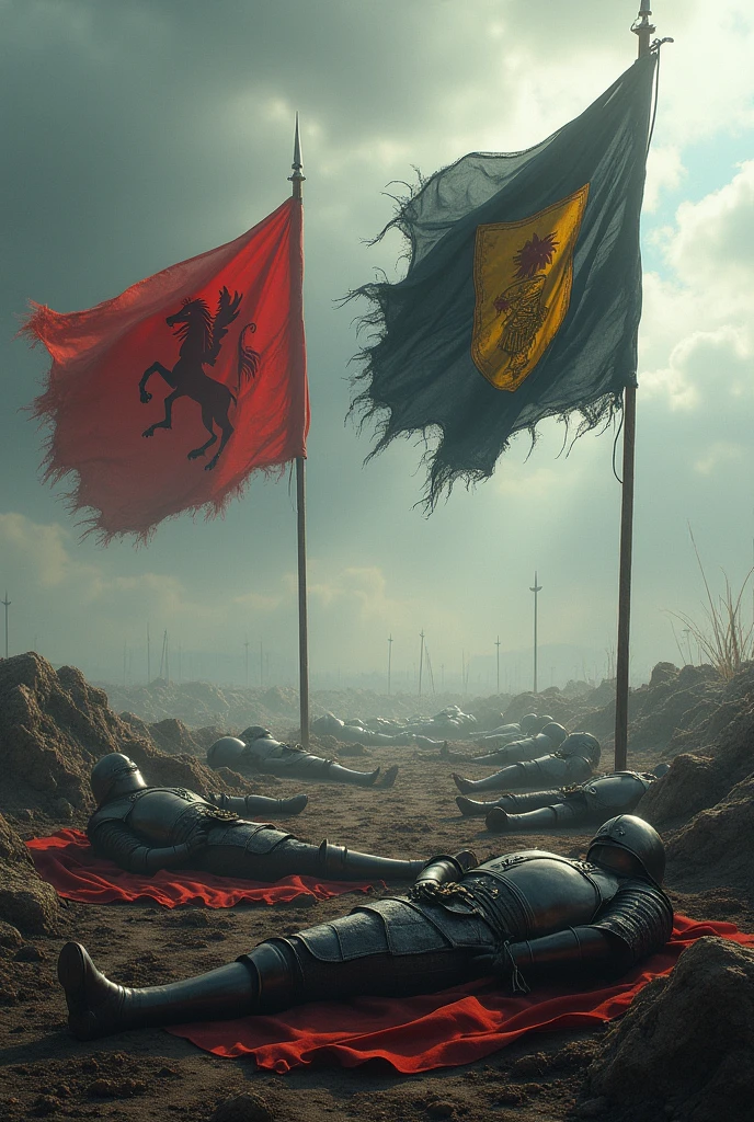 Two flags flying on opposite sides of a battlefield with many dead knights, one of the flags is red with a white pegasus and one is green with a golden gauntlet.