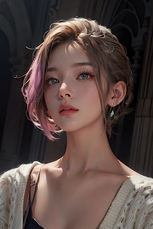 best qualtiy，tmasterpiece，Ultra-high resolution，（realisticlying：1.4），RAW photogr，beautiful photograph (N4T3 mm:0.99), A 18-year-old woman, Small and beautiful, standing on your feet，cabellos largos dorados, 耳Nipple Ring，choker necklace，Issuing，Coffee-colored cardigan sweater，Lilac slip dress long dress，Light green wedding dress，Solid color panties，Bare legged,long leges,high-heels，Big wind，In the daytime, beachside，Beautiful nipples,Are thin,Flat ,Small breasts, (Masterpiece:1.2) ,(Photorealistic:1.2) (bokeh), (Best quality) ,(Detailed skin:1.2), (Intricate details), (In the daytime) ,(32K) (hdr) (Cinematic lighting), (Sharp focus), (Looking at the camera:1.1), ((closeup portrait:1.2)), (Earrings),