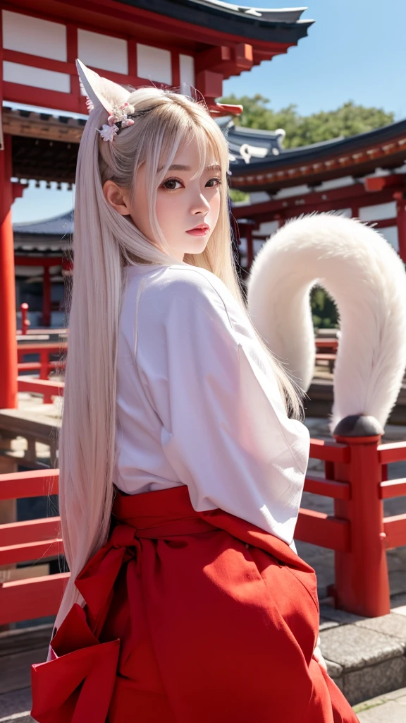 White Demon Fox、Nine-tailed Fox、Japanese women、kimono、Fair skin、Red lines on face、8K、I have long hair、Shrine grounds、red torii