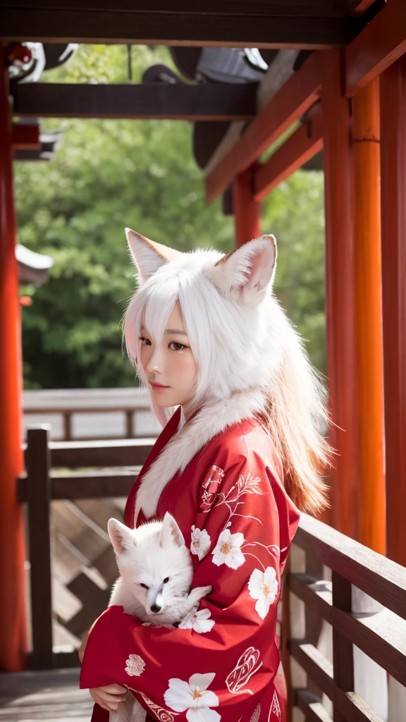 White Demon Fox、Nine-tailed Fox、Japanese women、kimono、Fair skin、Red lines on face、8K、I have long hair、Shrine grounds、red torii