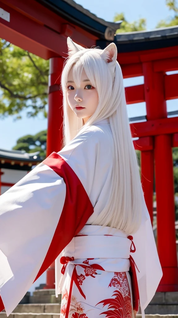 White Demon Fox、Nine-tailed Fox、Japanese women、kimono、Fair skin、Red lines on face、8K、I have long hair、Shrine grounds、red torii