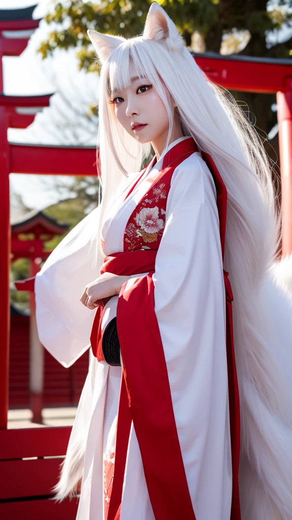 White Demon Fox、Nine-tailed Fox、Japanese women、kimono、Fair skin、Red lines on face、8K、I have long hair、Shrine grounds、red torii