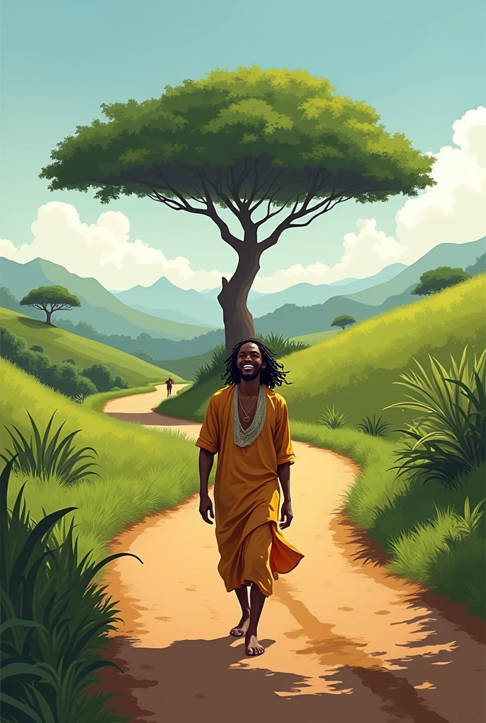A Ethiopian man walking on road towards a odaa tree. A long combed hair man  with happy face