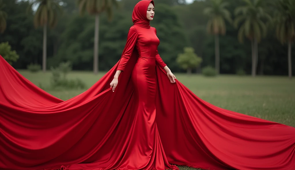 Asian woman in red satin long gown, wear modern hijab, mermaid-style, fabric clings tightly, immobile, full-body encapsulation, entirety of fabric about 7 meters in length trailing dramatically, overlong satin train, extreme detail on the texture of the satin, highlighting its reflective quality, cinched at the ankle, sexy random pose outdoor, dramatic lighting, ultra realistic, high-resolution photography.