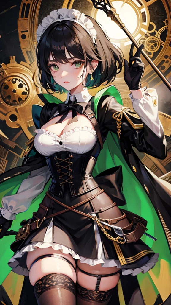 1 girl, anime, high quality, intricate details, black hair, fluffy hair, short hair, elegant, futuristic setting, maid dress, stockings, green streaks in hair, steampunk accessories, stoic expression, lacy umbrella, curvy build, lacy gloves, confident pose, corset