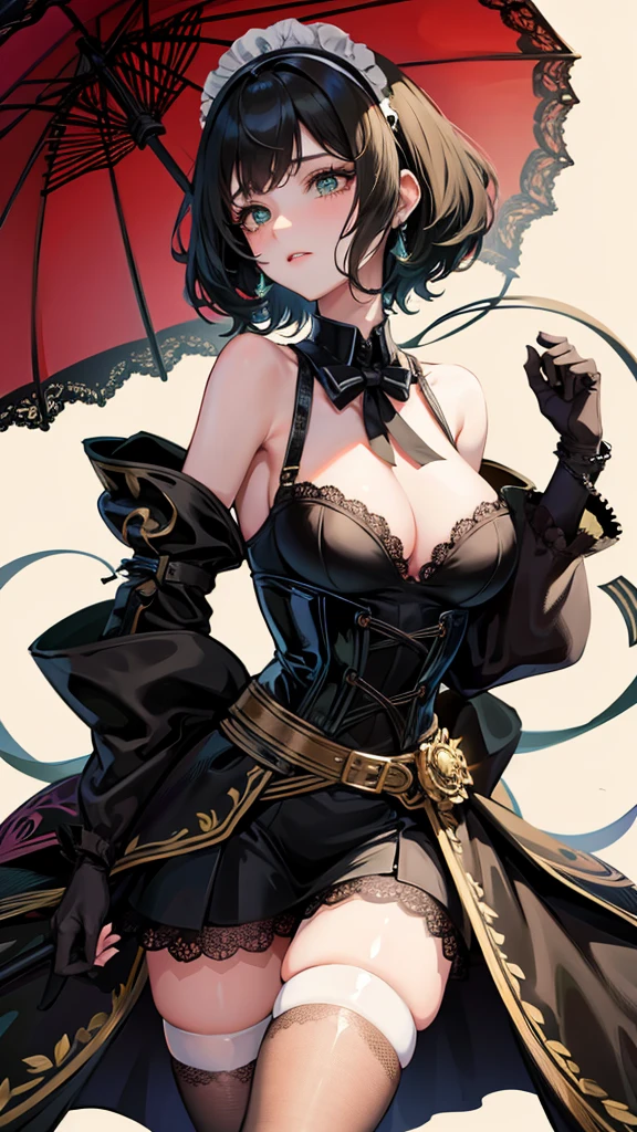 1 girl, anime, high quality, intricate details, black hair, fluffy hair, short hair, elegant, futuristic setting, maid dress, stockings, green streaks in hair, steampunk accessories, stoic expression, lacy umbrella, curvy build, lacy gloves, confident pose, corset