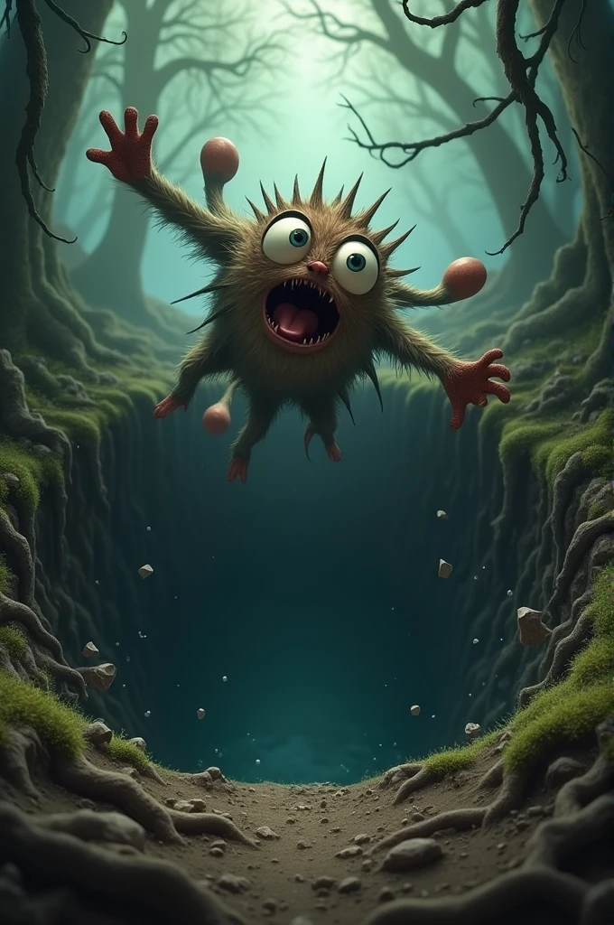 A startled Kunchu is seen falling into a deep, dark pit in the forest. The pit is surrounded by roots and loose soil, with Kunchu's wide eyes and flailing legs capturing the moment of surprise and fear."
