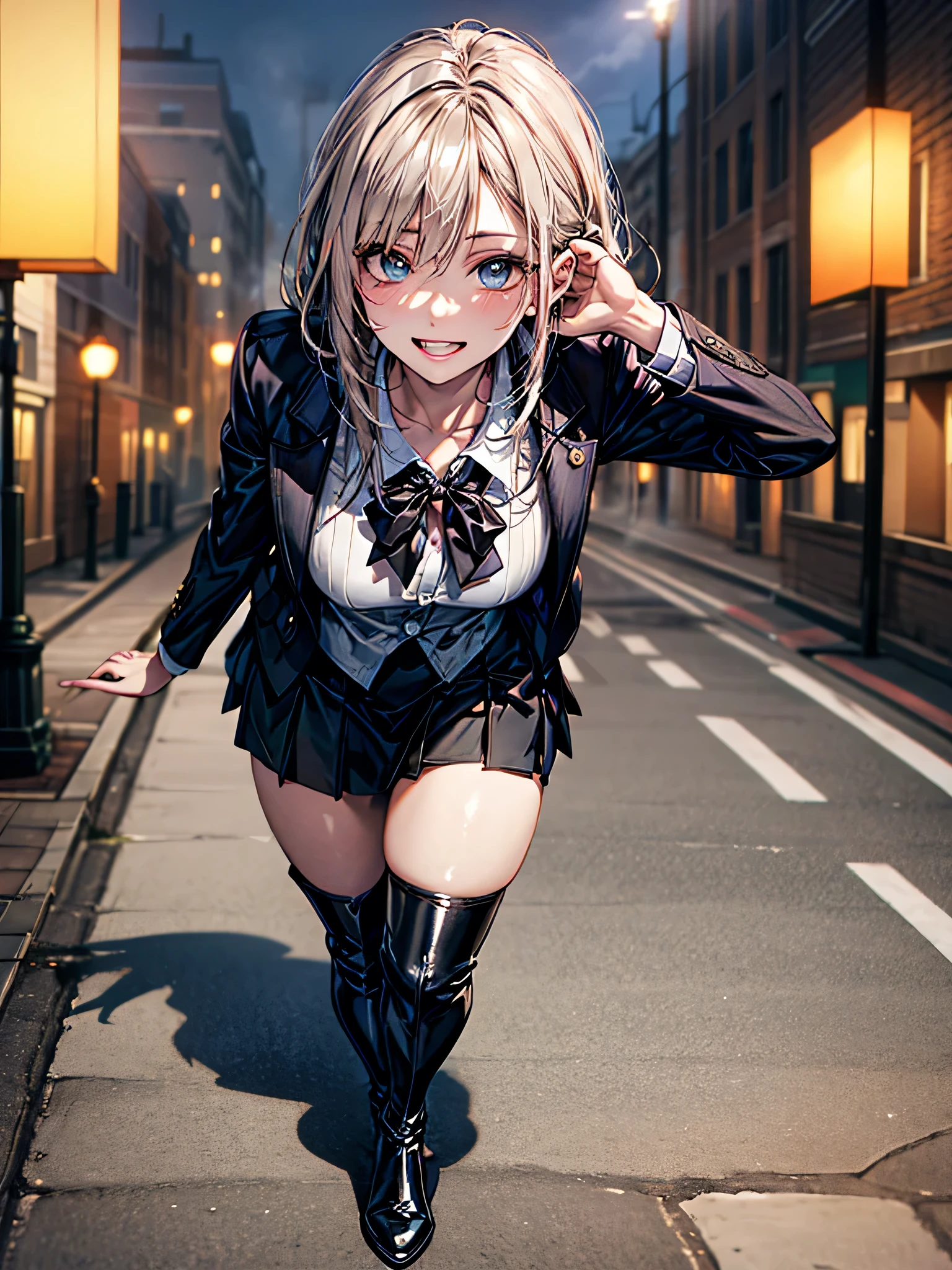 (Biologically correct limb count),Full body, including face,4K,Focus on the masterpiece face,Well-proportioned facial features,Delicate descriptive eyes,One beautiful woman,(Latex shirt,Black jacket,Black tight skirt), (Grin), looking at the camera, walking, (Thigh-high boots), (Thick fog all around,Street lights in the morning mist))、Detailed eye depiction、Highest quality,8k