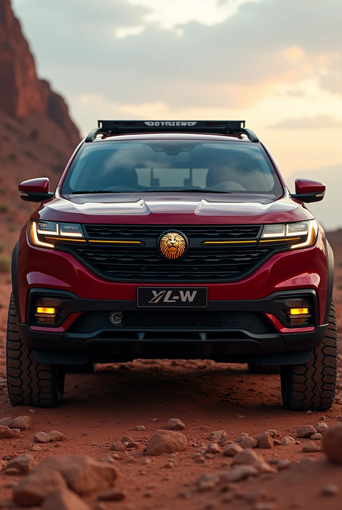 LARGE ALL TERRAIN SUV IN WINE RED WITH A GOLDEN LION-STYLE LOGO AND THE FRONT OF THE GRILLE OF A 2017 FIAT PANDA MIXED WITH THAT OF A 2023 HONDA Civic WITH LIGHTS LIKE THE EYES OF A FURIOUS LION