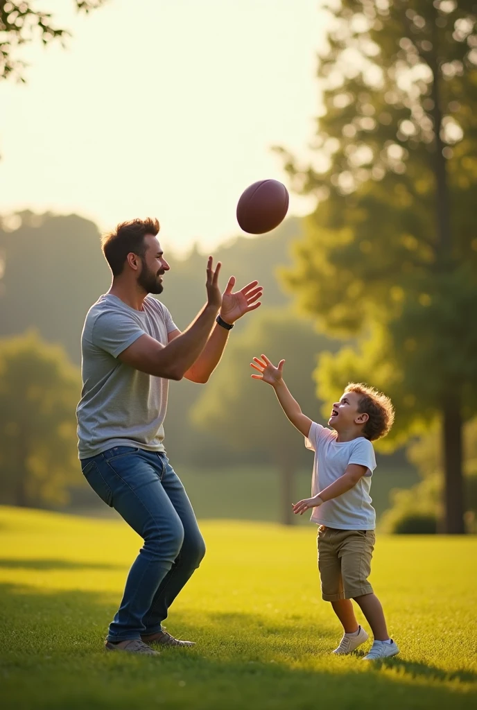 generate an image with a person playing football This image will be used commercially for an Instagram post on Father's Day