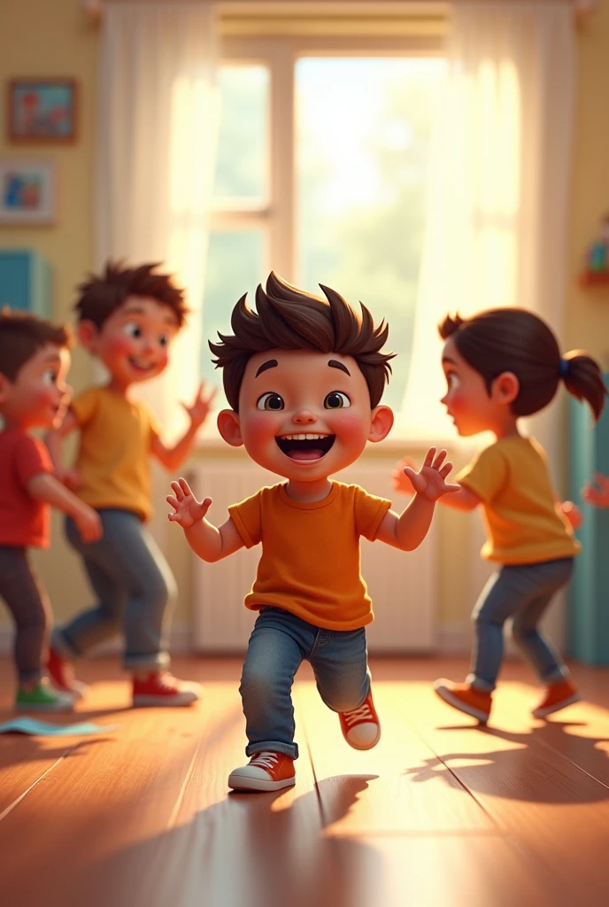 Timmy Playing with Friends: "Timmy happily playing with friends in a neat and spacious room, enjoying the extra space."