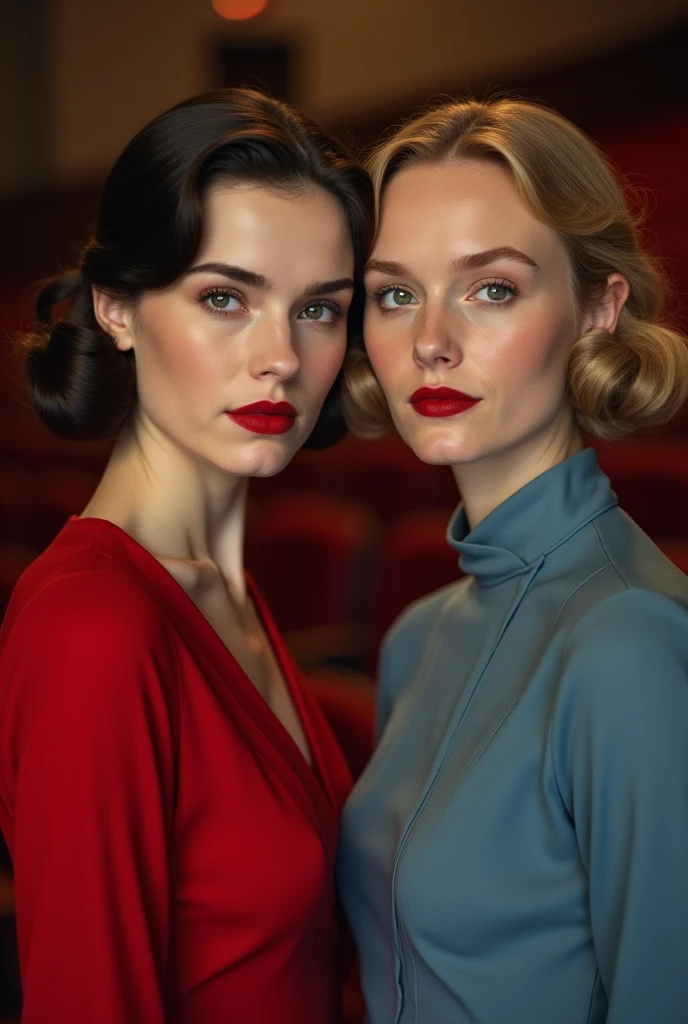 Front view, looking at viewer, 1939 years, Gone with the memories, Beautiful  American White girl sisters born in Japan, 23 and 22 years old, Hollywood movie actress, (Olivia is dark brown hair chignon ),(Olivia is normal body, 1930 year's old fashion, Red dress ), (John is blond hair, middle hair, small lip),(normal body, 1930 year's old fashion , Blue dress), Two sisters, front theater,  in Hollywood , textured skin , HI detailed skin, (foreshortening, Canon, uhd, anatomically correct,  super detail, high details, highness)