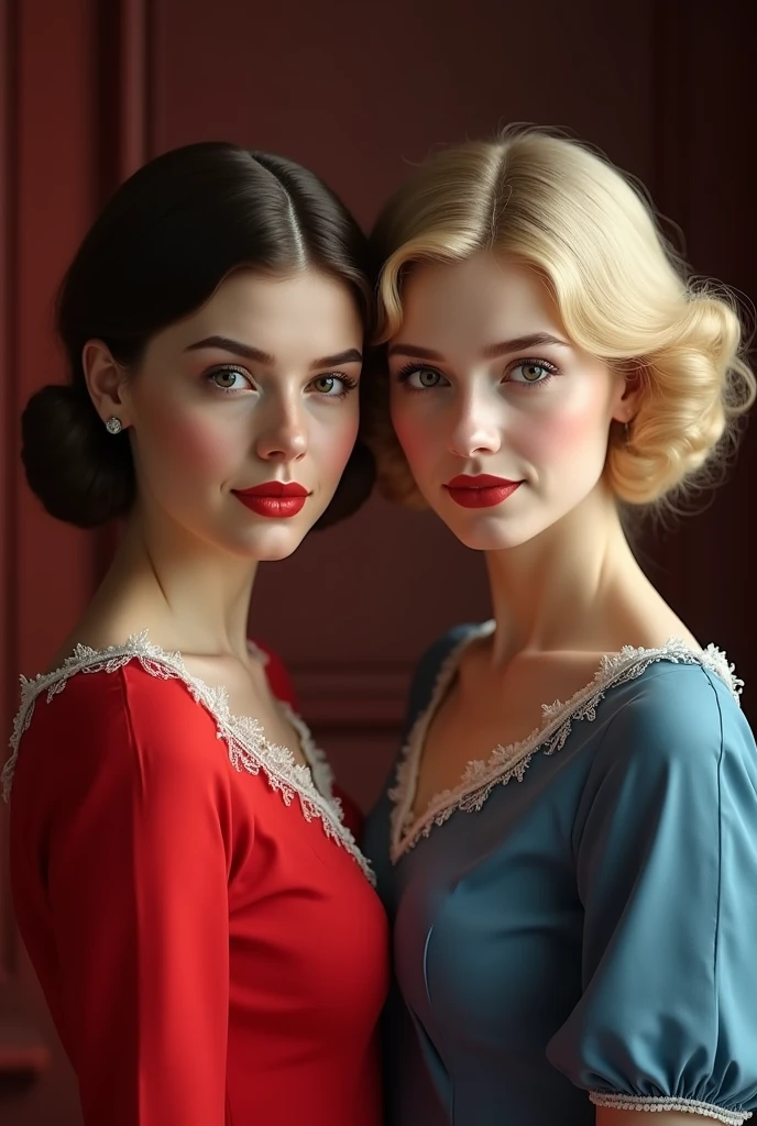 Front view, looking at viewer, 1939 years, Gone with the memories, Beautiful American White girl sisters born in Japan, 23 and 22 years old, Hollywood movie actress, (Olivia is dark brown hair chignon ),(Olivia is normal body, 1930 year's old fashion, Red dress ), (John is blond hair, middle hair, small lip),(normal body, 1930 year's old fashion , Blue dress), Two sisters, front theater, in Hollywood , textured skin , HI detailed skin, (foreshortening, Canon, uhd, anatomically correct, super detail, high details, highness)
