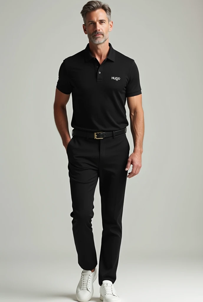 Man wearing a black Hugo brand polo shirt outfit with black chinos and white sneakers